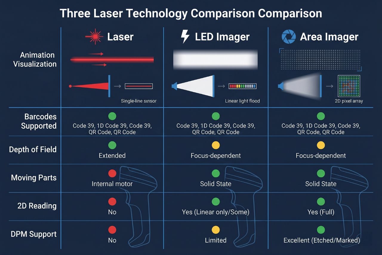 Comparison table of Three Barcode Scanning Technologies: Laser, LED Imager, and Area Imager